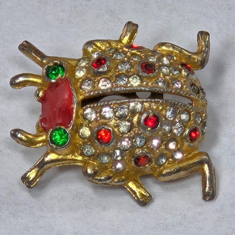 Vintage 13/16" Ladybug Brooch Gold in Color w/ Clear Red and Green Stones